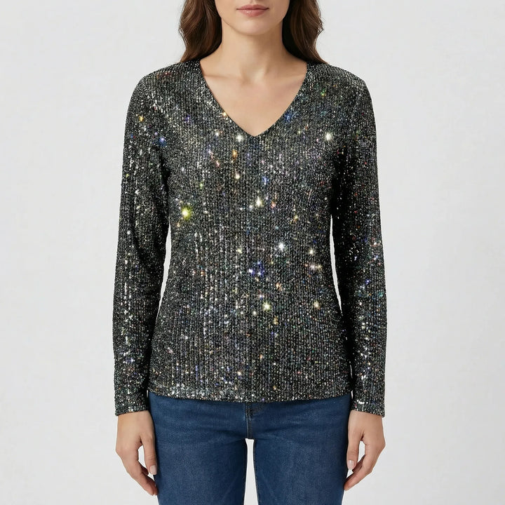 Shimmering V-neck long-sleeve blouse, an elegant women's top perfect for parties, evening events, or dressy wear.