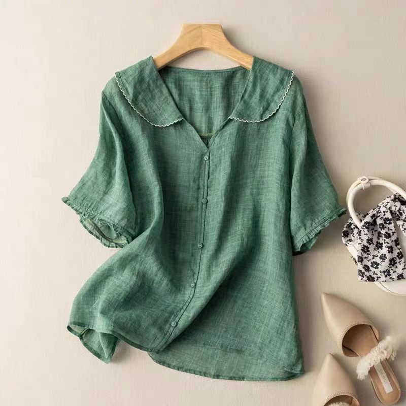 Women's short sleeve button-front blouse with elegant scalloped collar, perfect for summer casual and work wear.