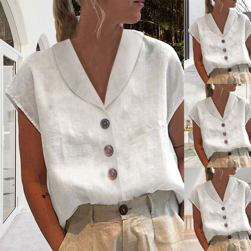 Women's short sleeve button-front top in a relaxed fit, perfect for casual everyday wear. Versatile summer shirt.
