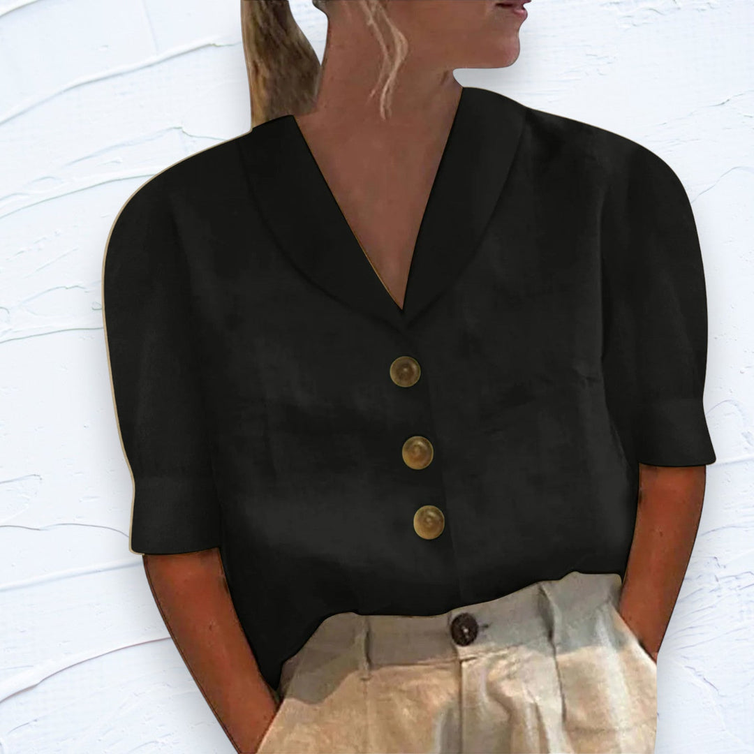 Chic women's short sleeve button-up top, ideal for spring and summer fashion. Everyday casual and relaxed fit.