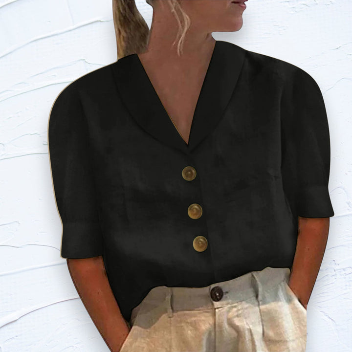 Chic women's short sleeve button-up top, ideal for spring and summer fashion. Everyday casual and relaxed fit.