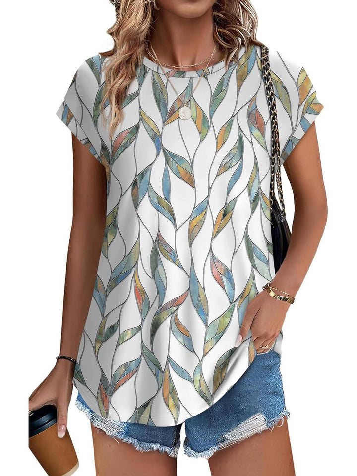 Women's short sleeve casual top with green leaf print, crew neck. Perfect for summer style.