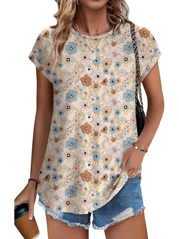Elegant women's crew neck top with a striking green leaf pattern. Short sleeve for casual wear.
