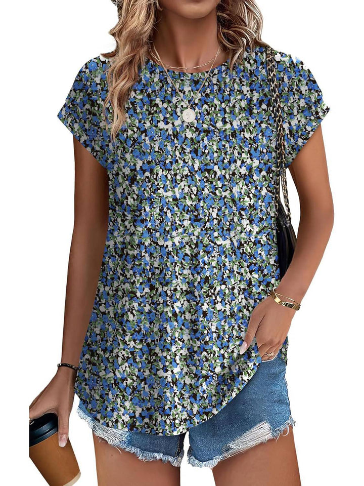 Women's casual leaf print blouse, short sleeve, crew neck. Perfect for a relaxed summer look.