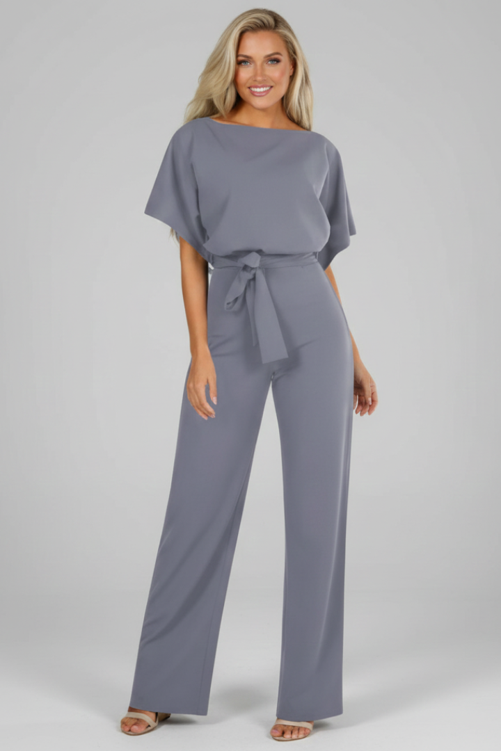 Women's short sleeve jumpsuit with waist tie in a comfortable and versatile fashion style.