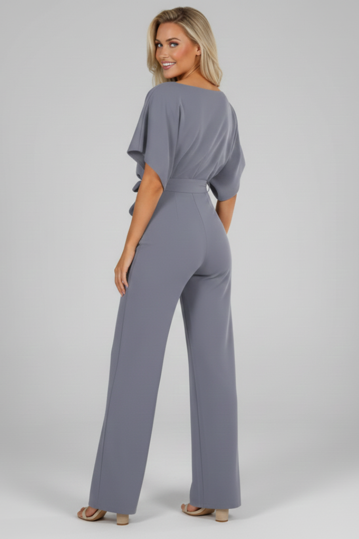 Stylish grey women's short sleeve jumpsuit with a flattering waist tie, perfect for casual wear.