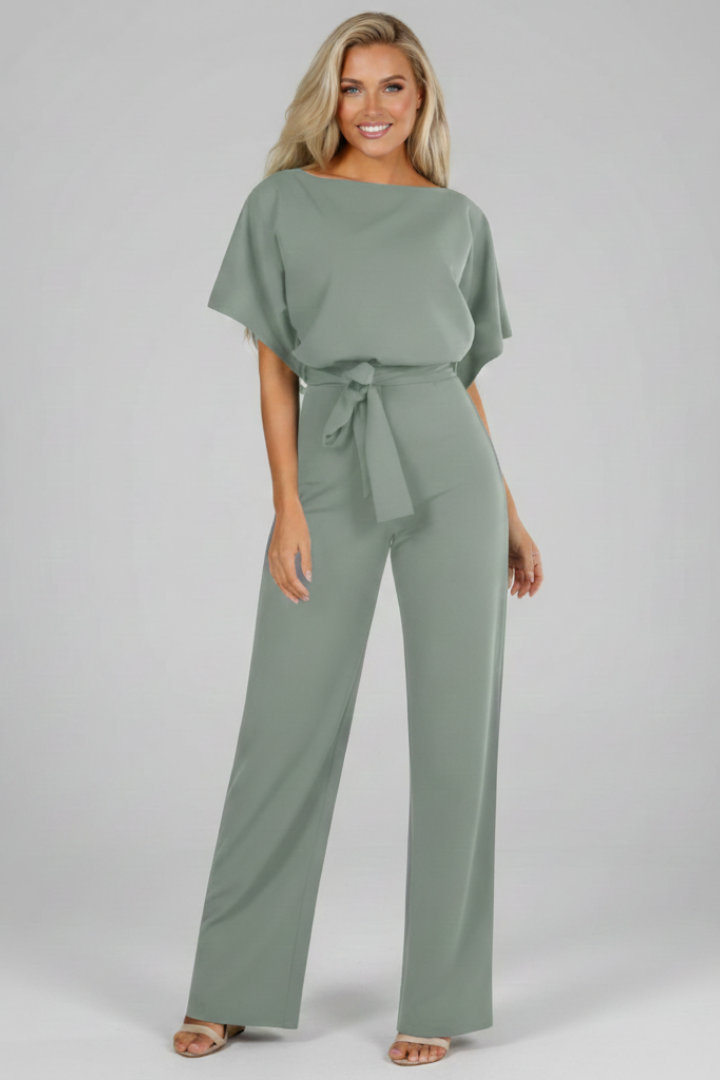 Elegant purple short sleeve jumpsuit for women, featuring a flattering waist tie for a chic look.