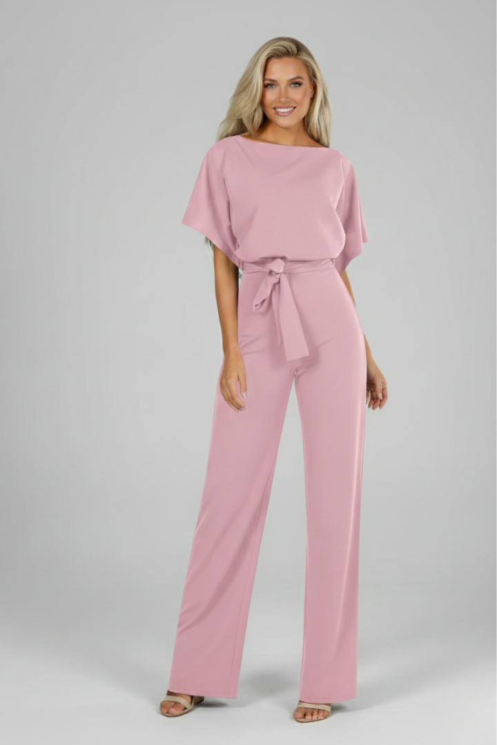 Versatile women's short sleeve jumpsuit with waist tie, offering ultimate comfort for all-day wear.