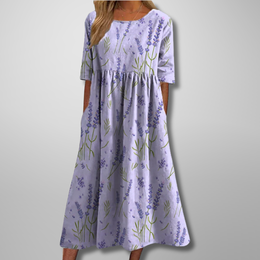 Elegant botanical print short sleeve midi dress for women, featuring a comfortable loose fit & round neck.