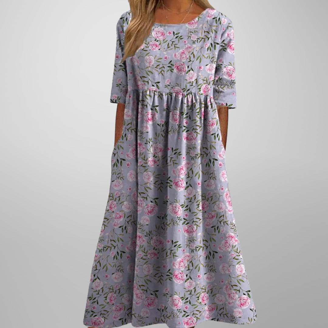 Versatile women's loose fit midi dress with short sleeves and botanical print, great for everyday casual fashion.