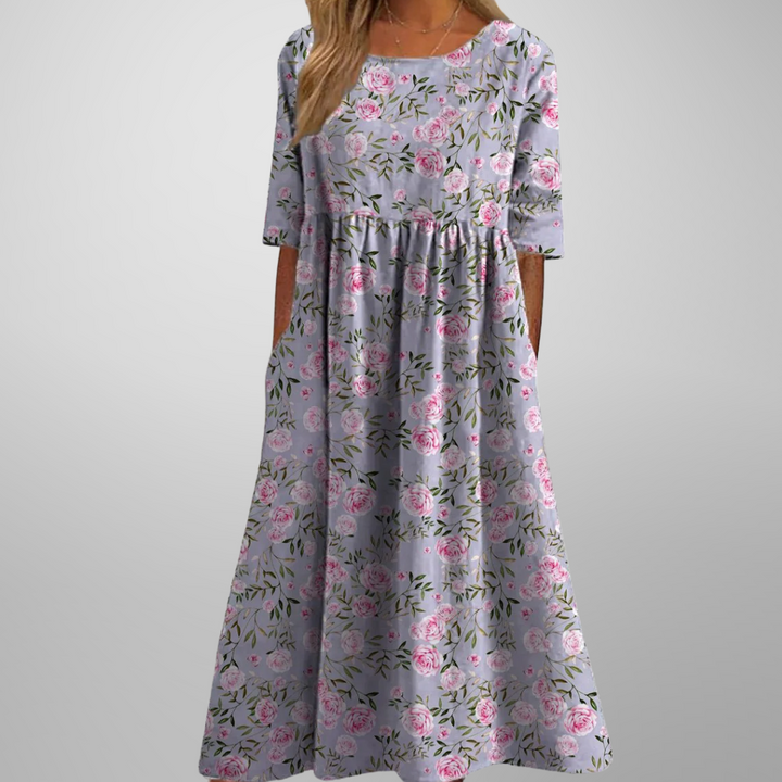 Versatile women's loose fit midi dress with short sleeves and botanical print, great for everyday casual fashion.