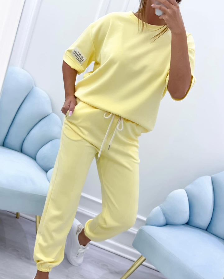 Versatile women's matching short sleeve set with a relaxed fit. Fashionable and comfortable loungewear.