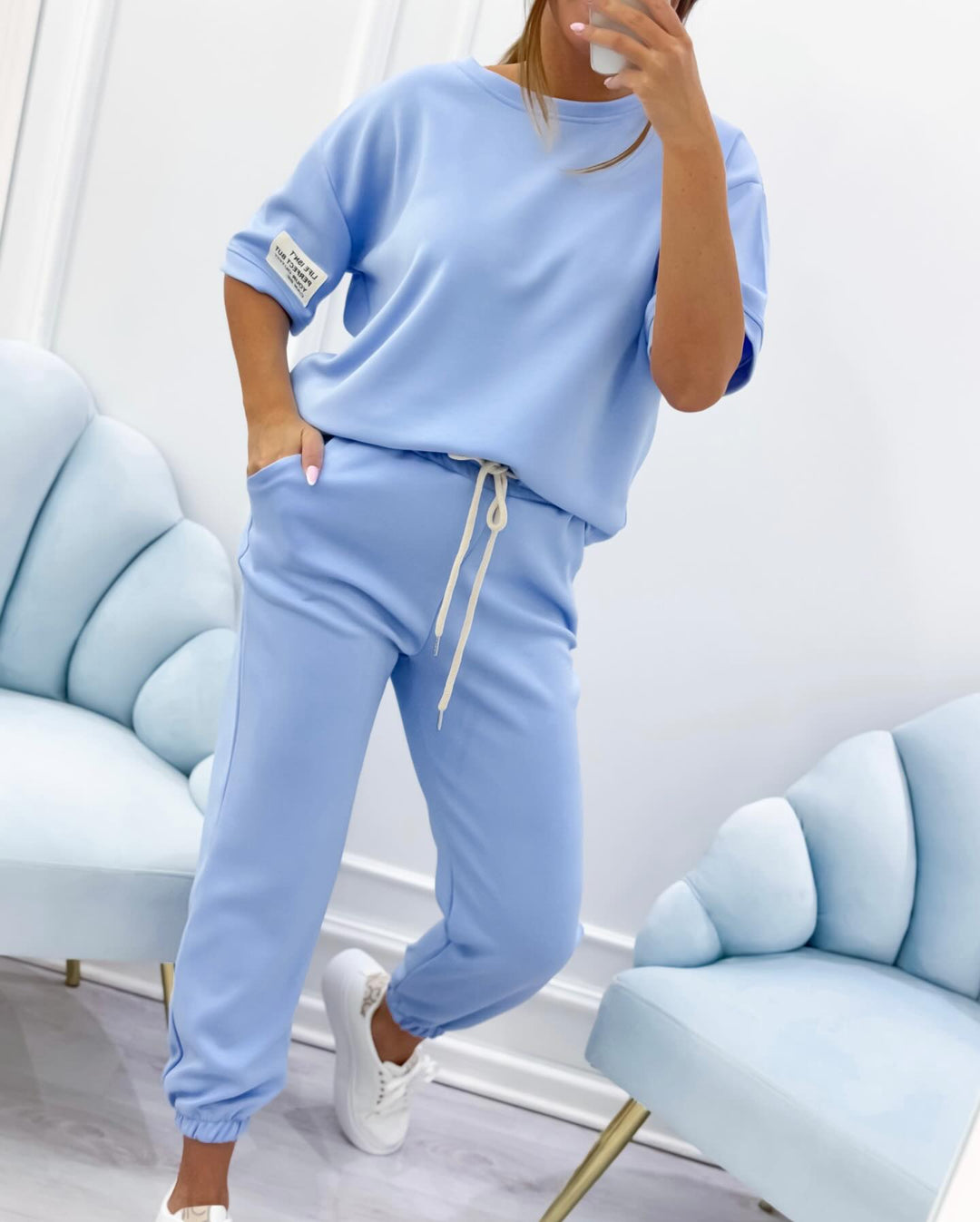Women's casual short sleeve set, perfect for summer. Comfortable, relaxed fit two-piece apparel for women.