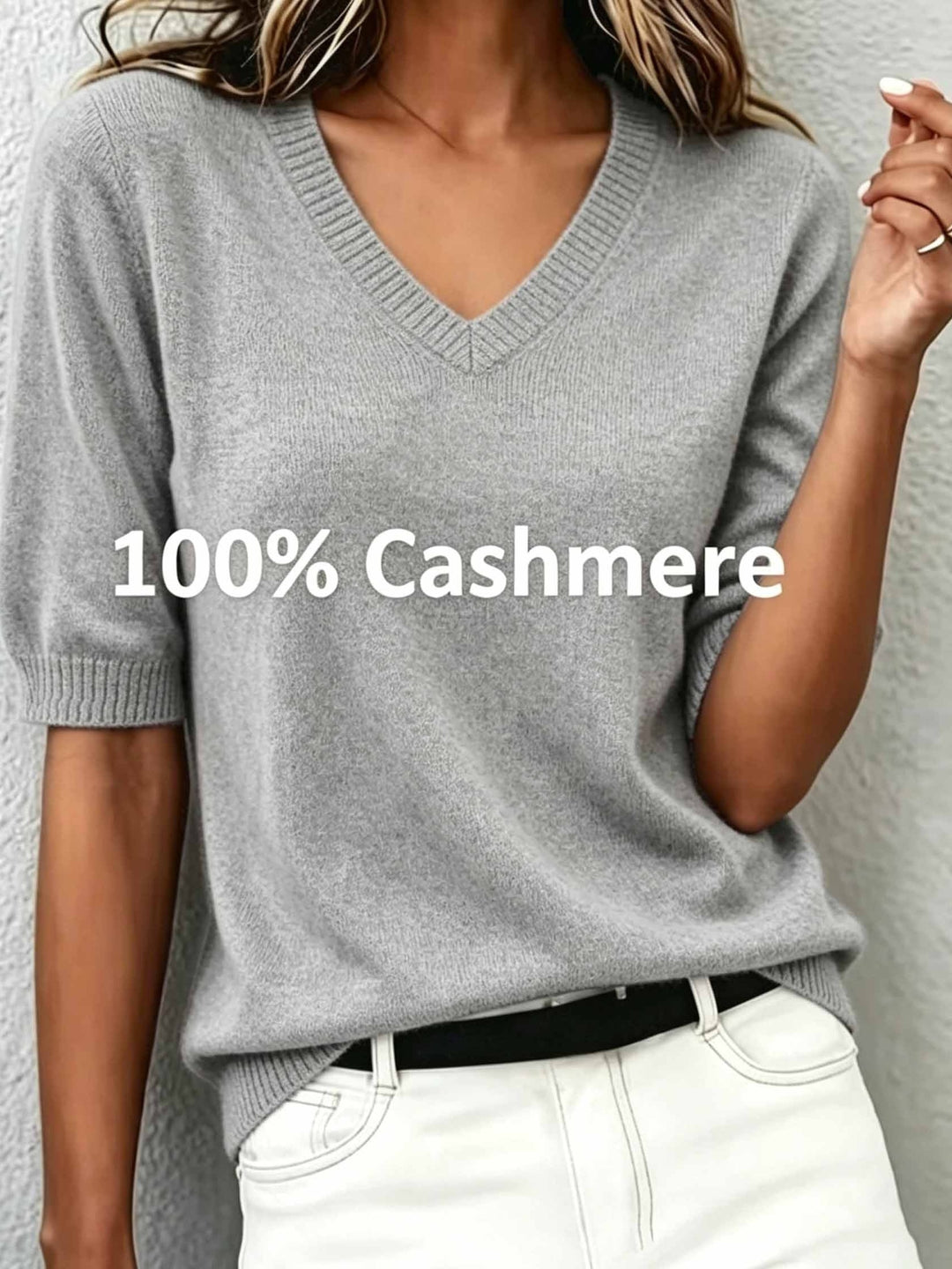 Ribbed collar V-neck short sleeve sweater for women, a stylish and comfortable apparel choice.