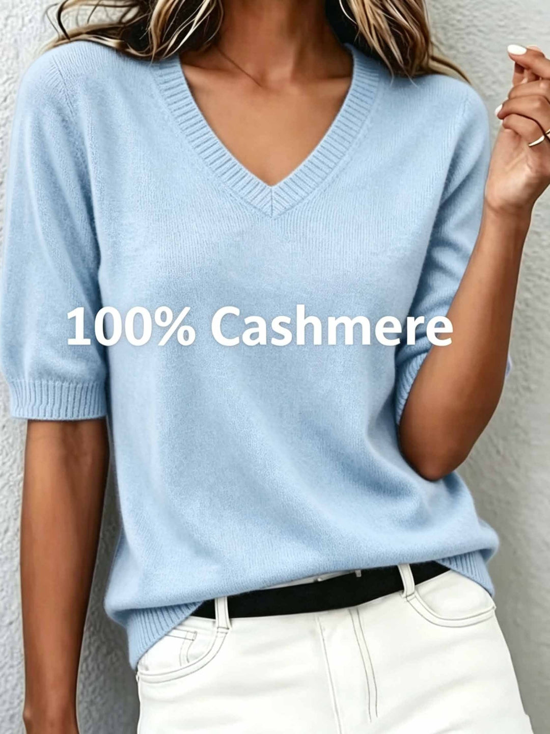 Women's V-neck short sleeve sweater featuring an elegant ribbed collar, perfect for versatile styling.