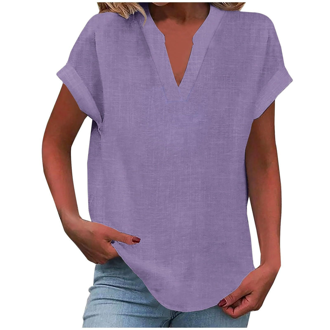 Women's Sienna V-Neck Blouse, relaxed fit, short sleeve, perfect for casual or work wear.