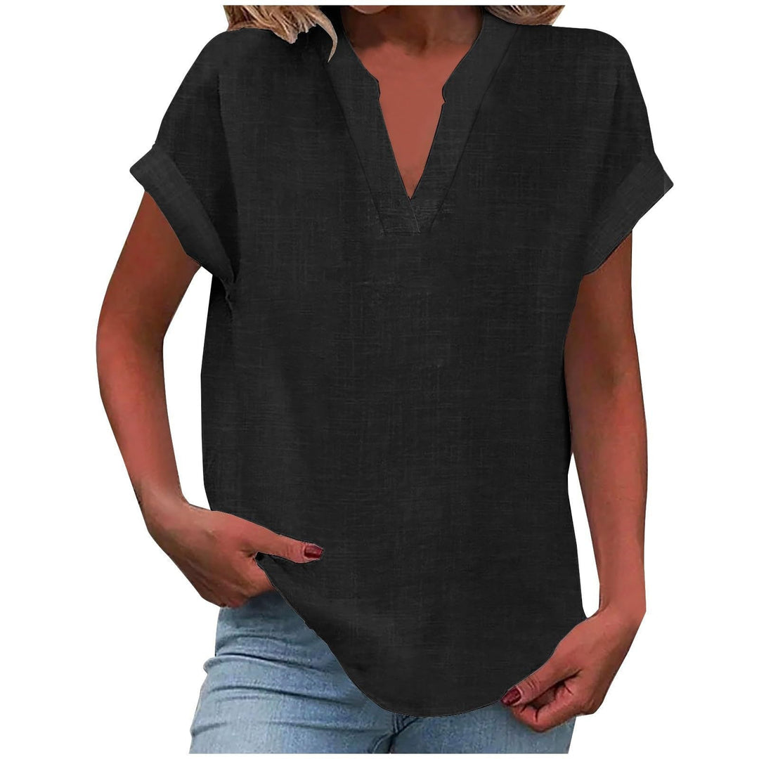 Women's V-Neck short sleeve blouse, relaxed fit, designed for comfortable and stylish casual wear.