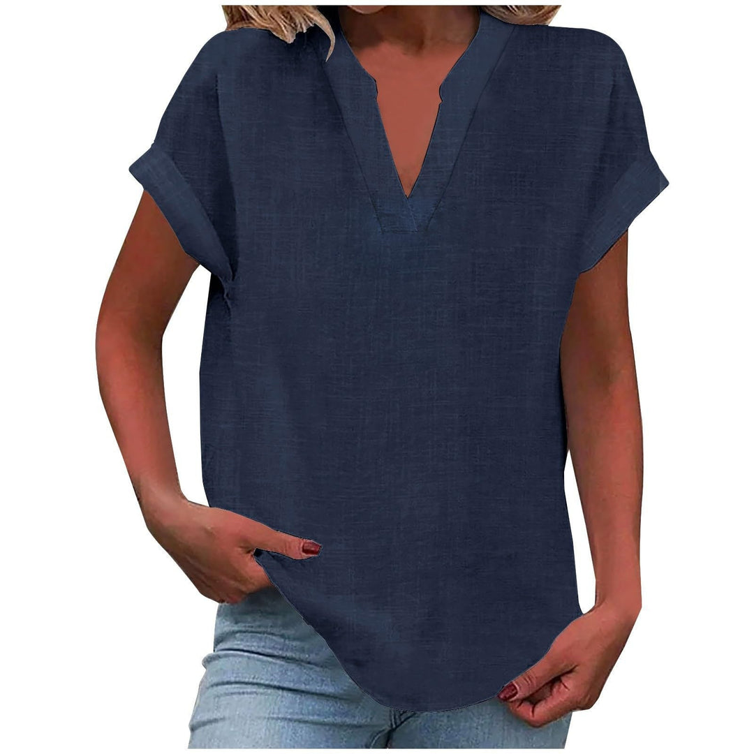 Effortless style V-Neck blouse for women, relaxed fit, short sleeve, ideal for summer or work.