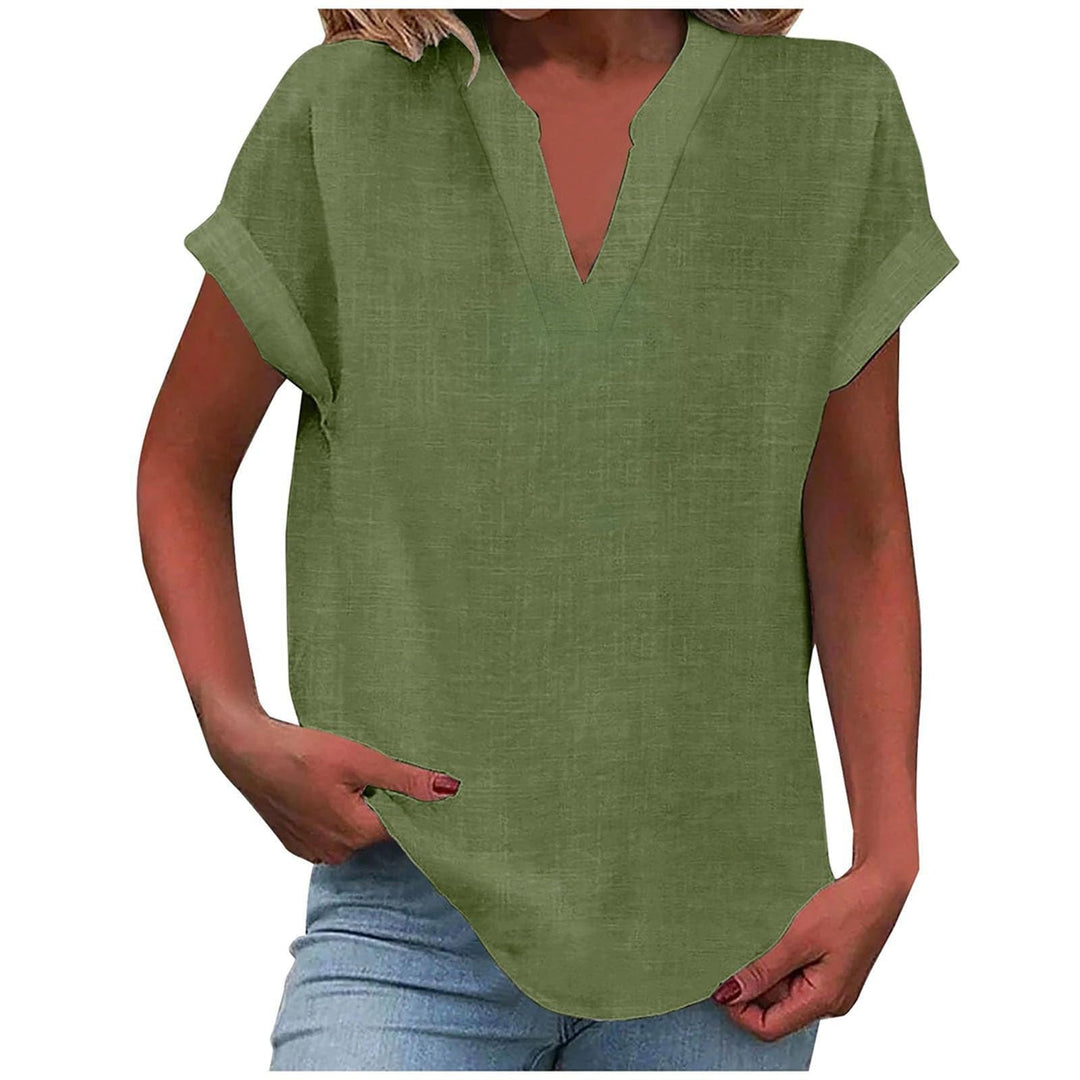 Flowy Sienna V-Neck blouse, short sleeve, relaxed fit, offering comfortable & chic everyday style.