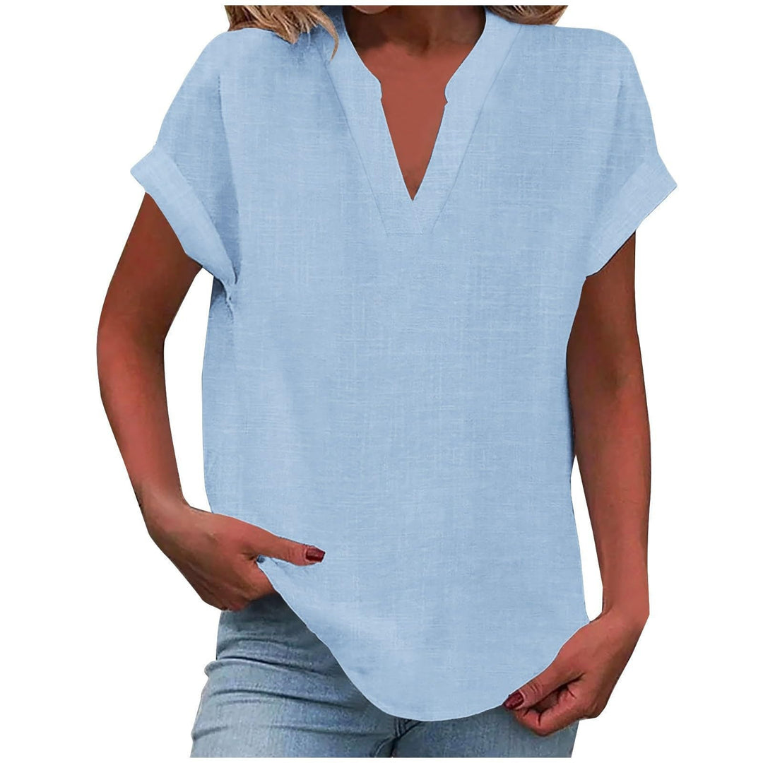 Women's summer V-Neck blouse, short sleeve, relaxed fit, ideal for elegant everyday style.