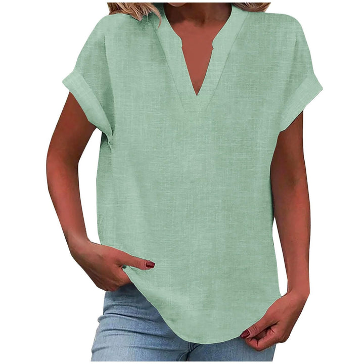 Sienna V-Neck short sleeve blouse for women, relaxed fit, combines elegance with comfort.