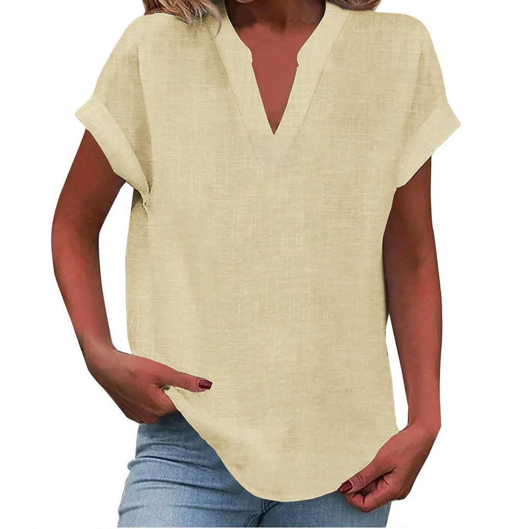 Flowy Sienna V-Neck blouse for women, short sleeve, offering an effortless and elegant look.