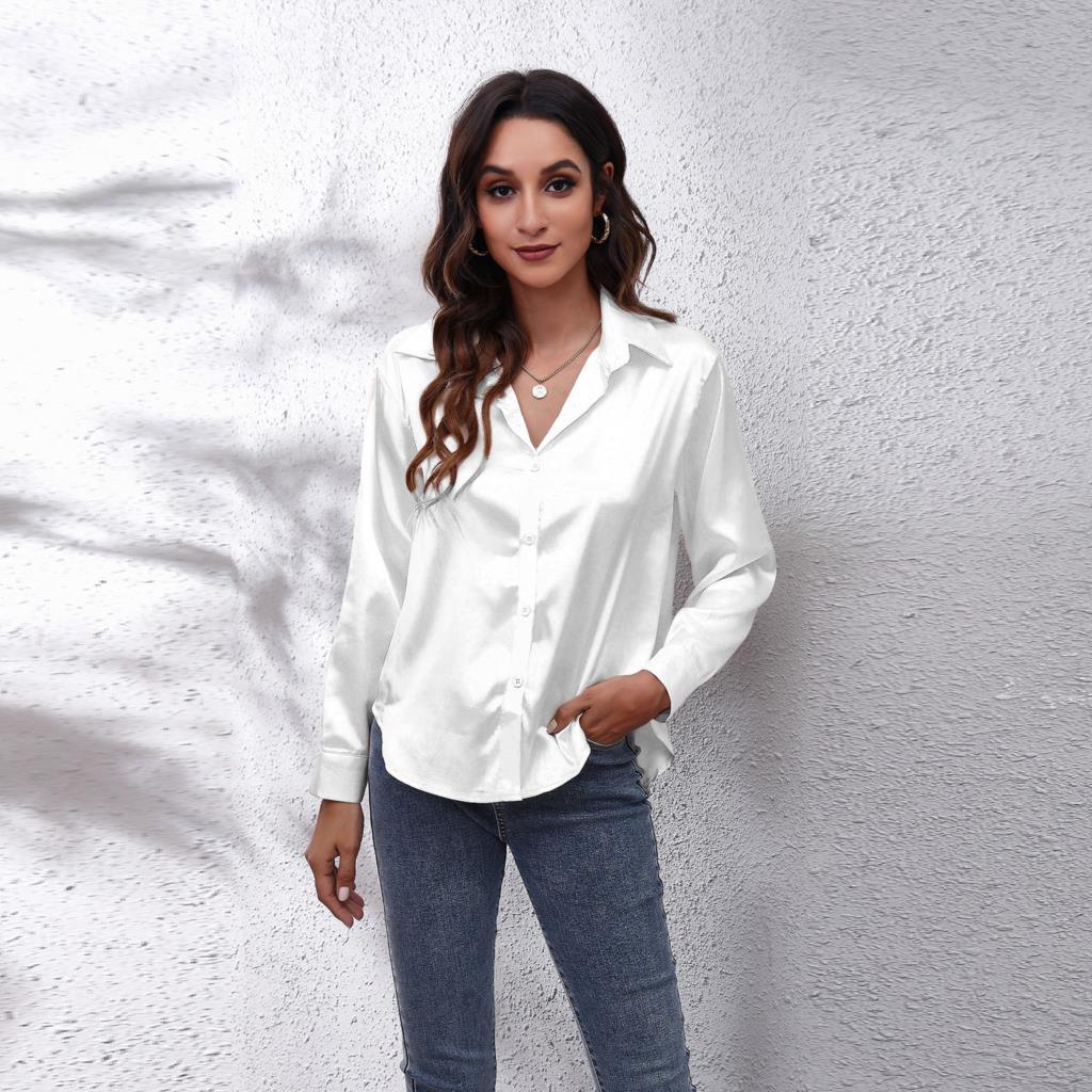 Chic women's button-down blouse in silky satin, ideal for stylish workwear and elegant occasions.