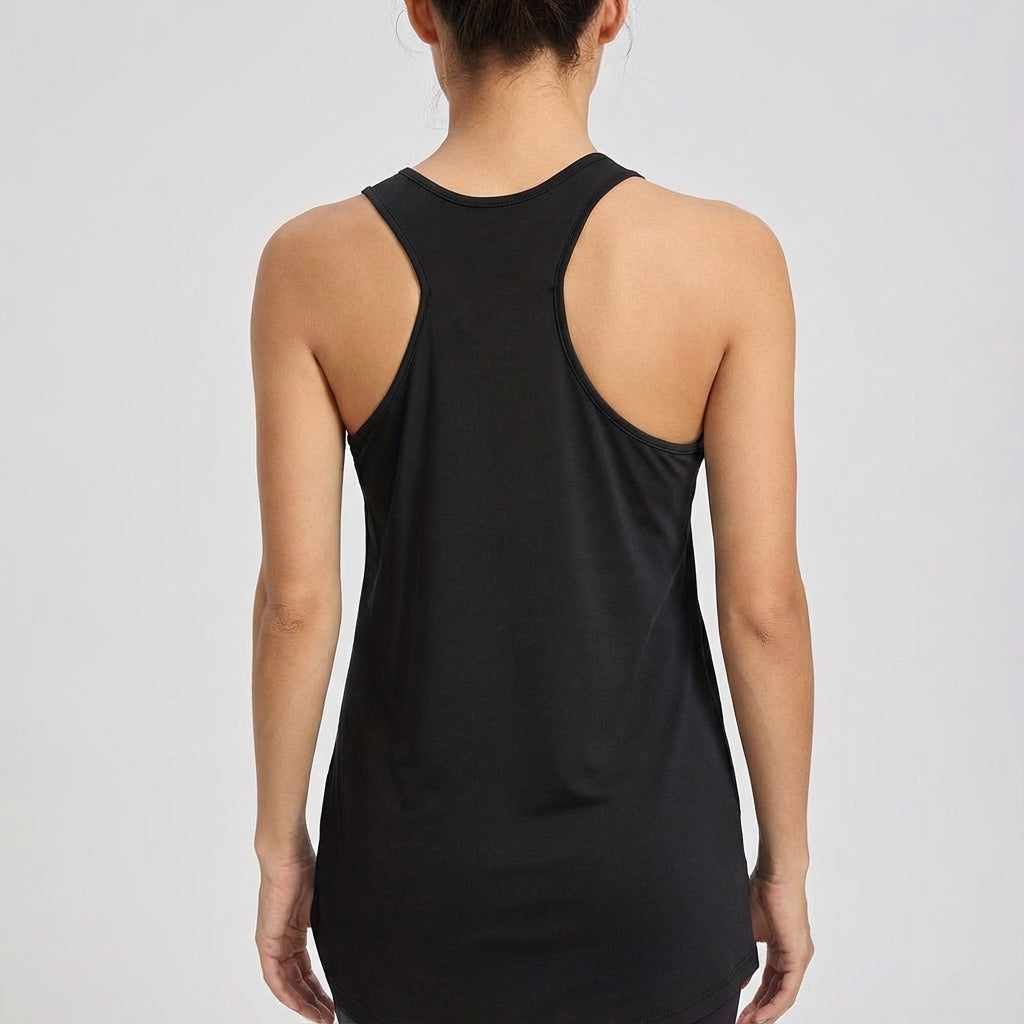 Women's sleek round neck sleeveless sports top with stretch fabric, perfect for intense workouts.
