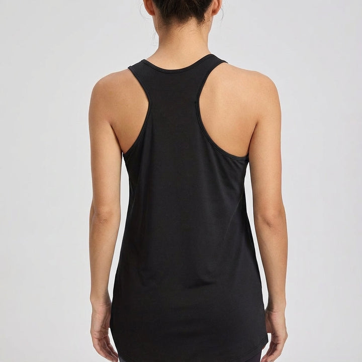 Women's sleek round neck sleeveless sports top with stretch fabric, perfect for intense workouts.