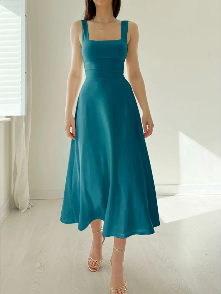 Sleeveless A-line midi dress for women, offering a comfortable, flattering fit for warm summer days.