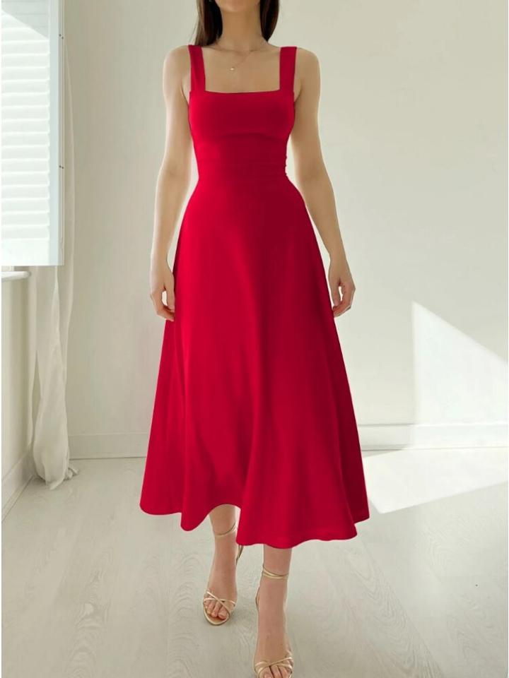 Elegant women's sleeveless midi dress featuring an A-line silhouette, combining style with comfort.