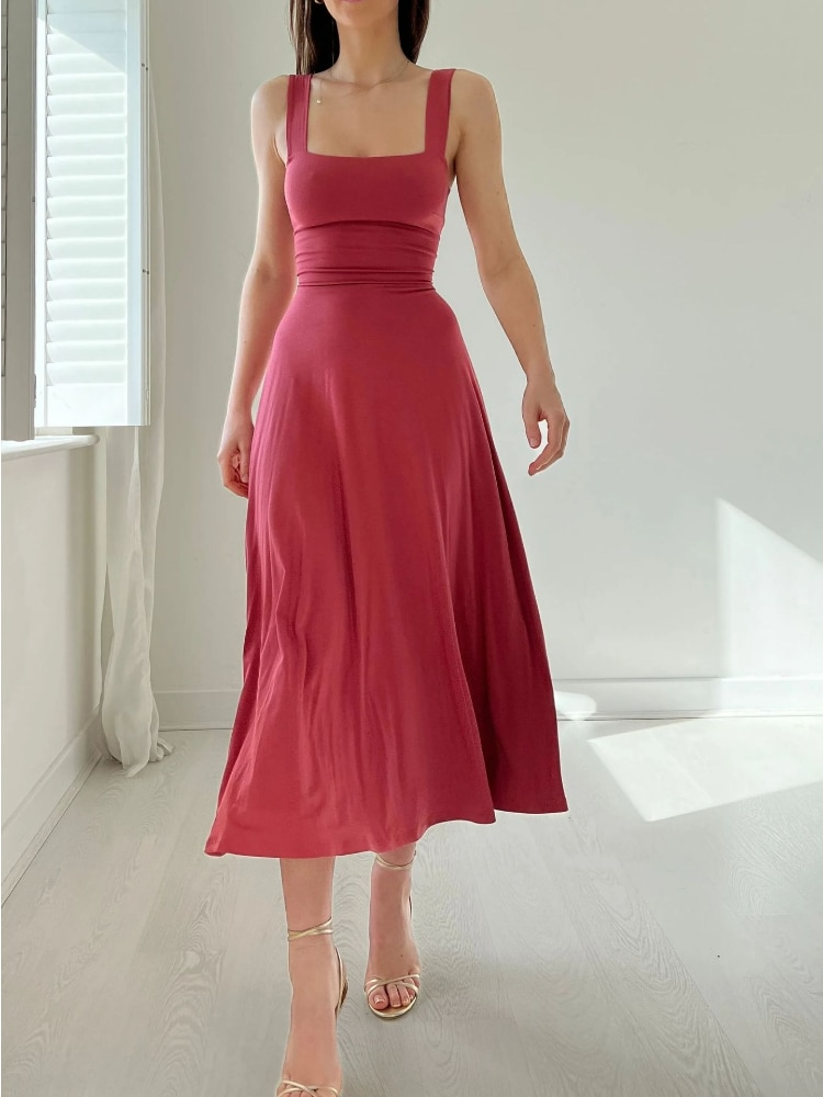 Flattering women's sleeveless A-line midi dress. A versatile summer dress, easily styled for casual or formal wear.