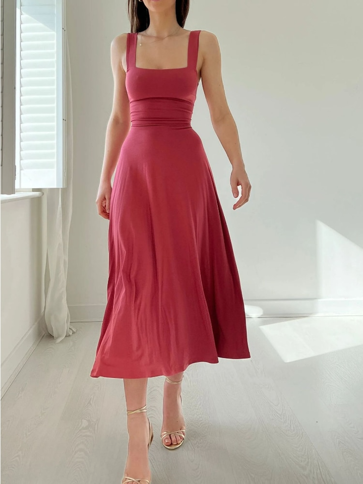 Flattering women's sleeveless A-line midi dress. A versatile summer dress, easily styled for casual or formal wear.