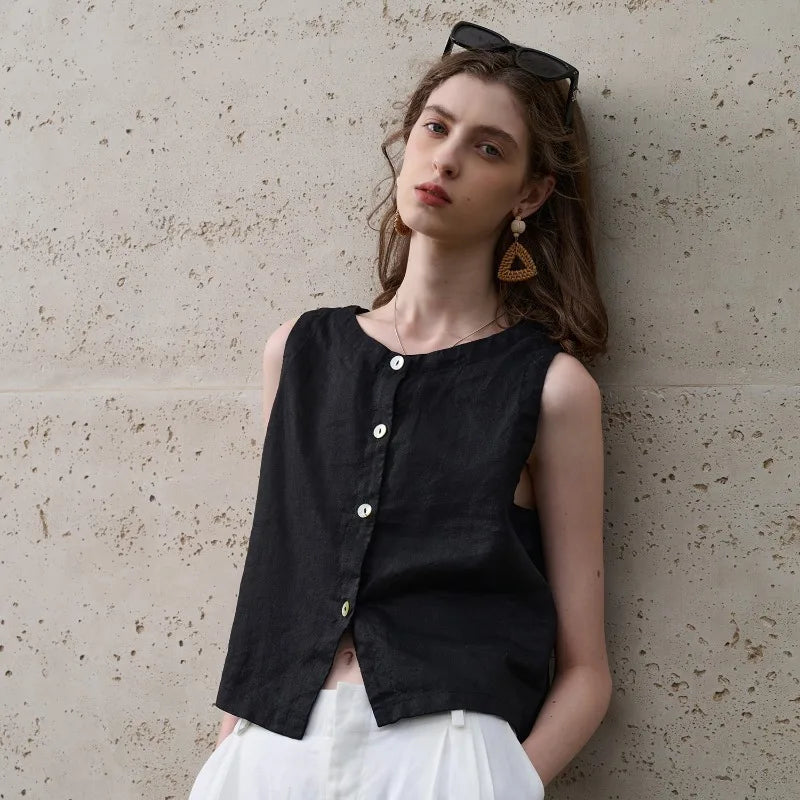 Comfortable relaxed fit women's sleeveless asymmetric crop top, crew neck. Great for daily wear.