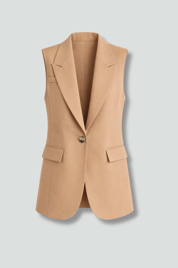 Women's sleeveless blazer with notched collar & pockets, ideal for professional office wear.