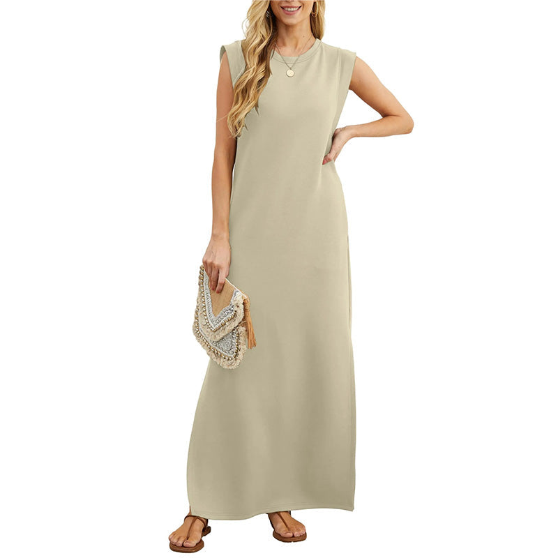 Elegant yet casual sleeveless maxi dress for women. Comfortable, flowy design suitable for effortless summer fashion.