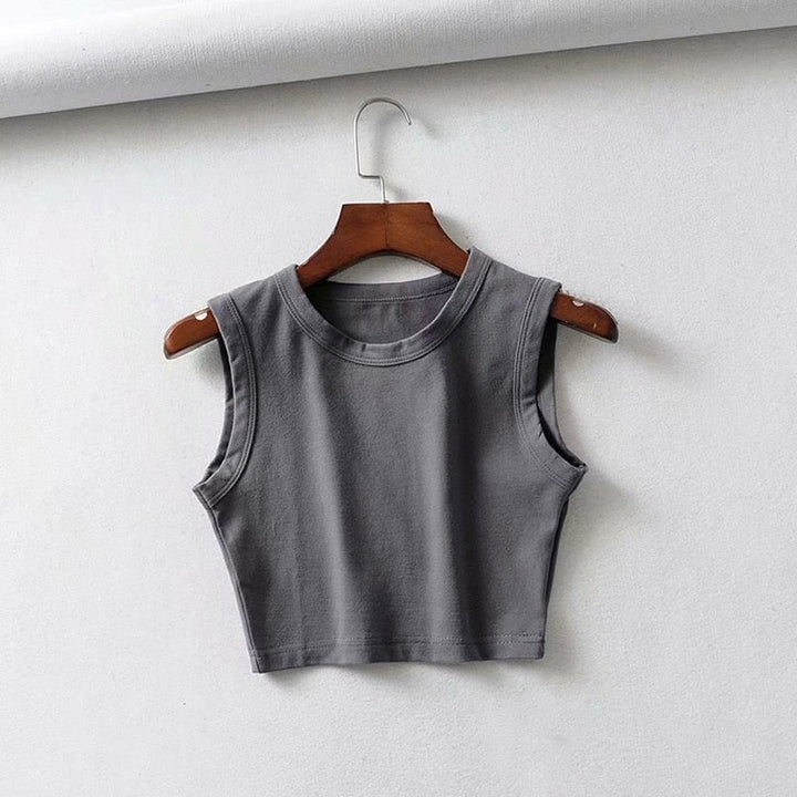 Stylish fitted women's sleeveless crop top. Modern everyday style, perfect for summer casual wear.
