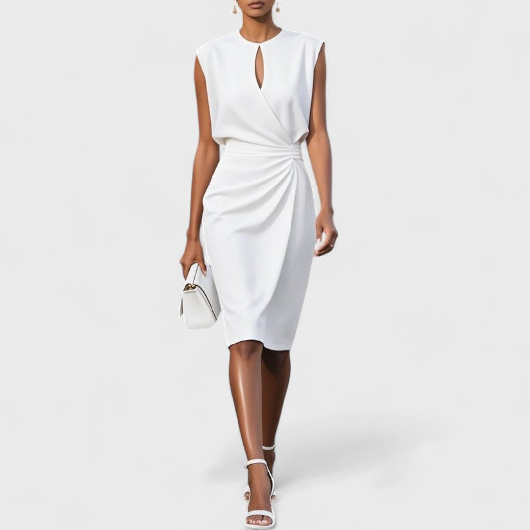 Elegant women's sleeveless midi dress, featuring stylish cutouts and a pleated drape, ideal for cocktail parties.