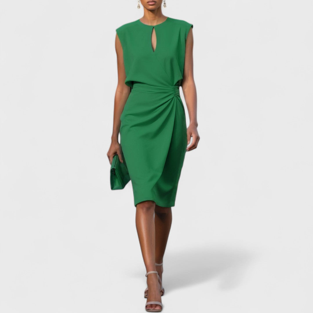 Modern women's sleeveless cutout midi dress. Sophisticated pleated drape detail makes it perfect for events.