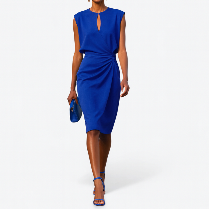 Versatile women's sleeveless midi dress with a stylish cutout and pleated drape, suitable for office or party.