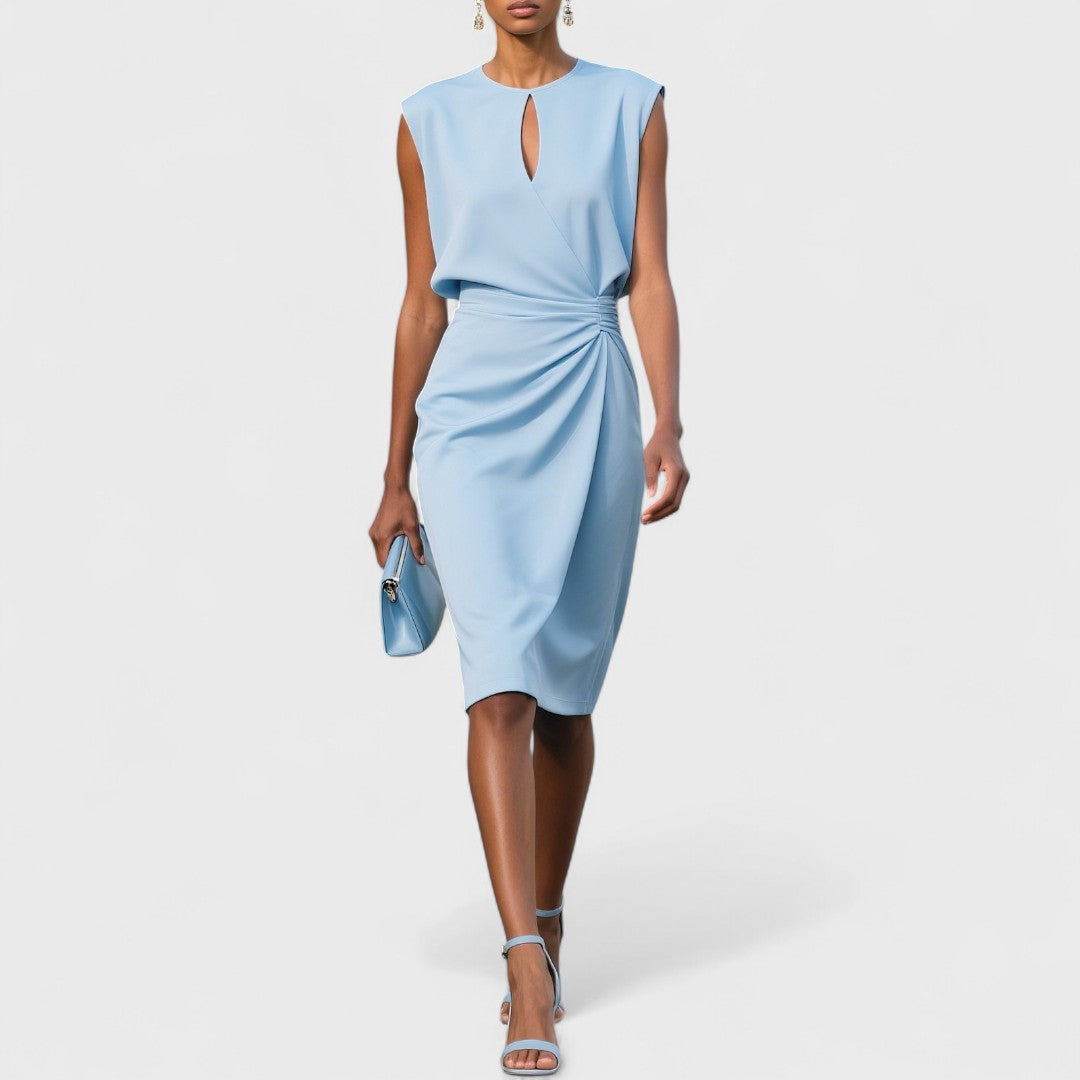 Luxurious women's sleeveless cutout midi dress, featuring a sophisticated pleated side drape for an elegant look.