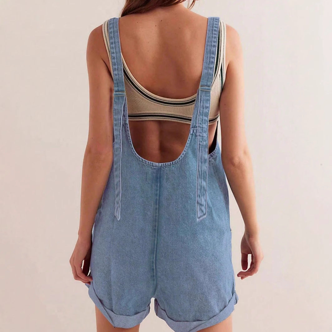 Stylish blue denim sleeveless women's romper. Comfortable casual jumpsuit for easy summer fashion.