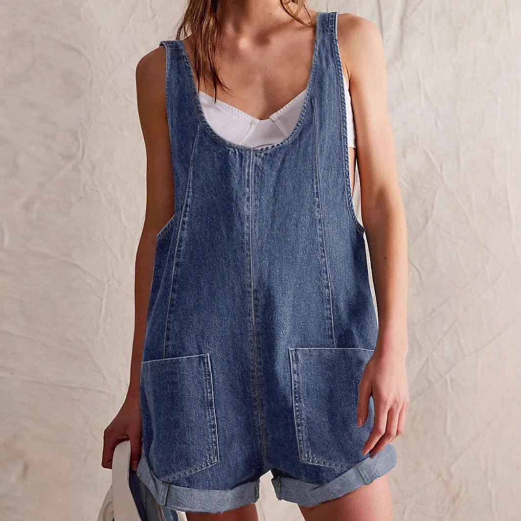 Effortless women's sleeveless denim romper. Casual summer fashion jumpsuit, comfortable with practical pockets.