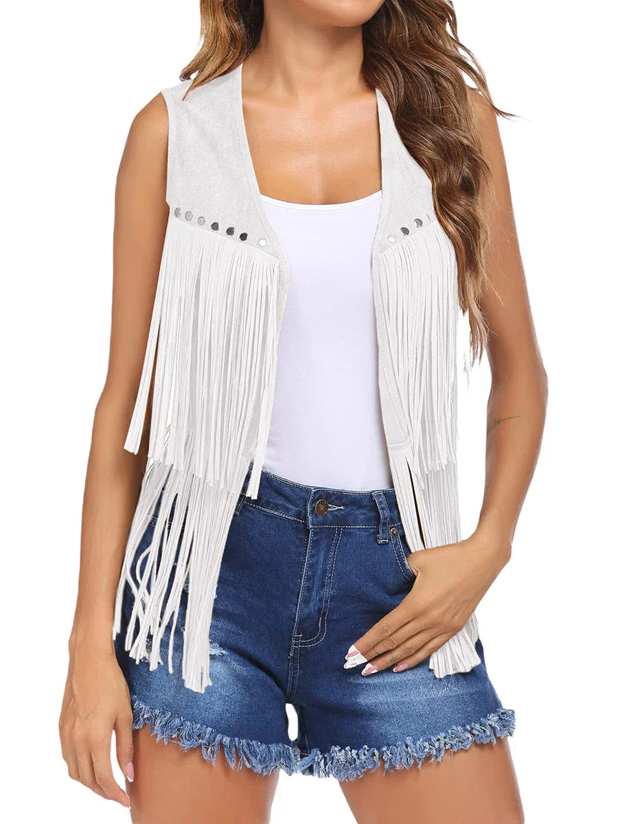 Women's outerwear statement: sleeveless vest with vibrant fringe and a stylish open front.