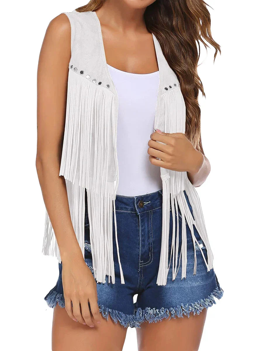 Boho sleeveless fringe vest for women, open front design, perfect for a relaxed yet trendy look.