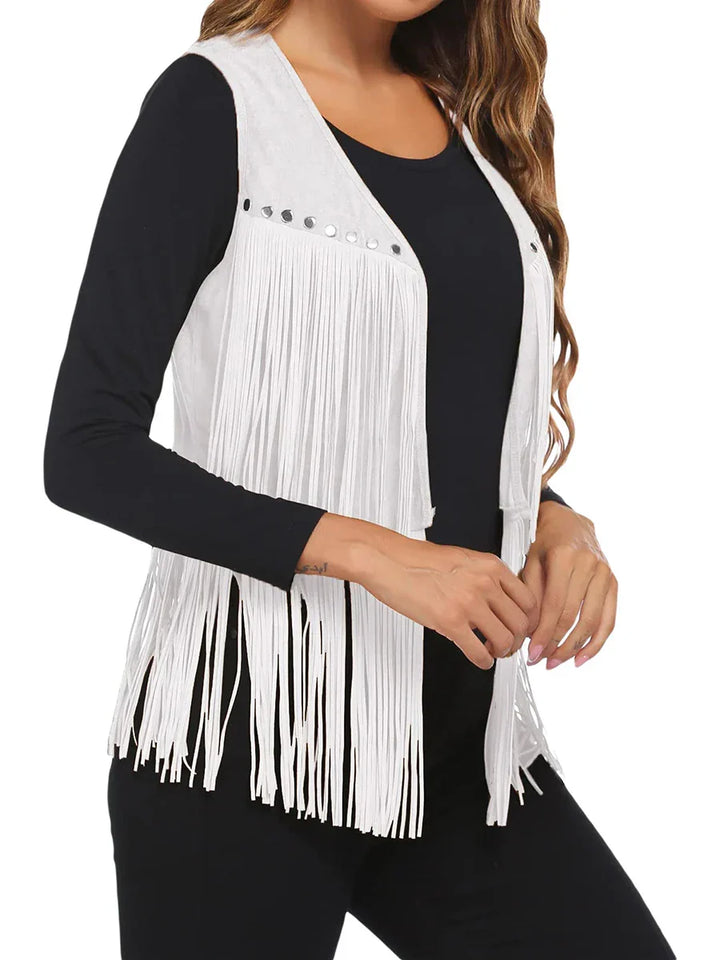 Casual chic women's sleeveless open front vest, adorned with eye-catching fringe details.
