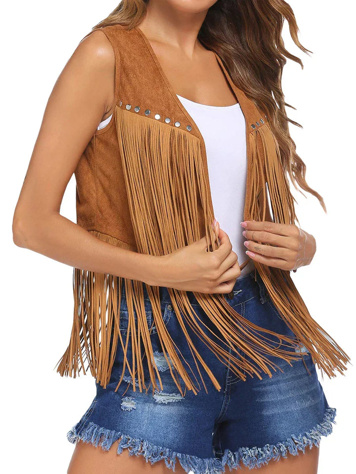 Dynamic women's sleeveless vest with a full fringe cascade & practical open front styling.