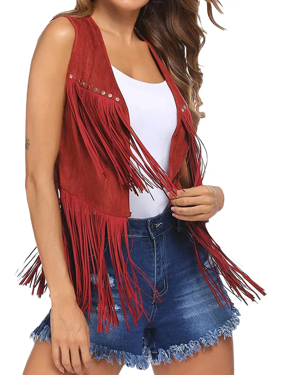 Everyday fashion: women's sleeveless vest with open front and playful fringe accents.