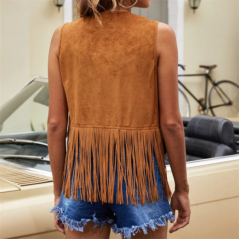 Boho-chic women's fringe vest, sleeveless and open front, perfect for casual chic layering.