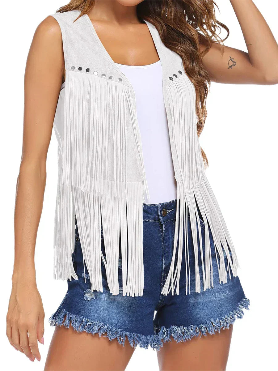Trendy women's outerwear: sleeveless fringe vest with an open front, a true statement piece.